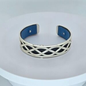 BRIGHTON Christo Sydney Bracelet Cuff Blue Black Leather Insert Silver Plate 8"